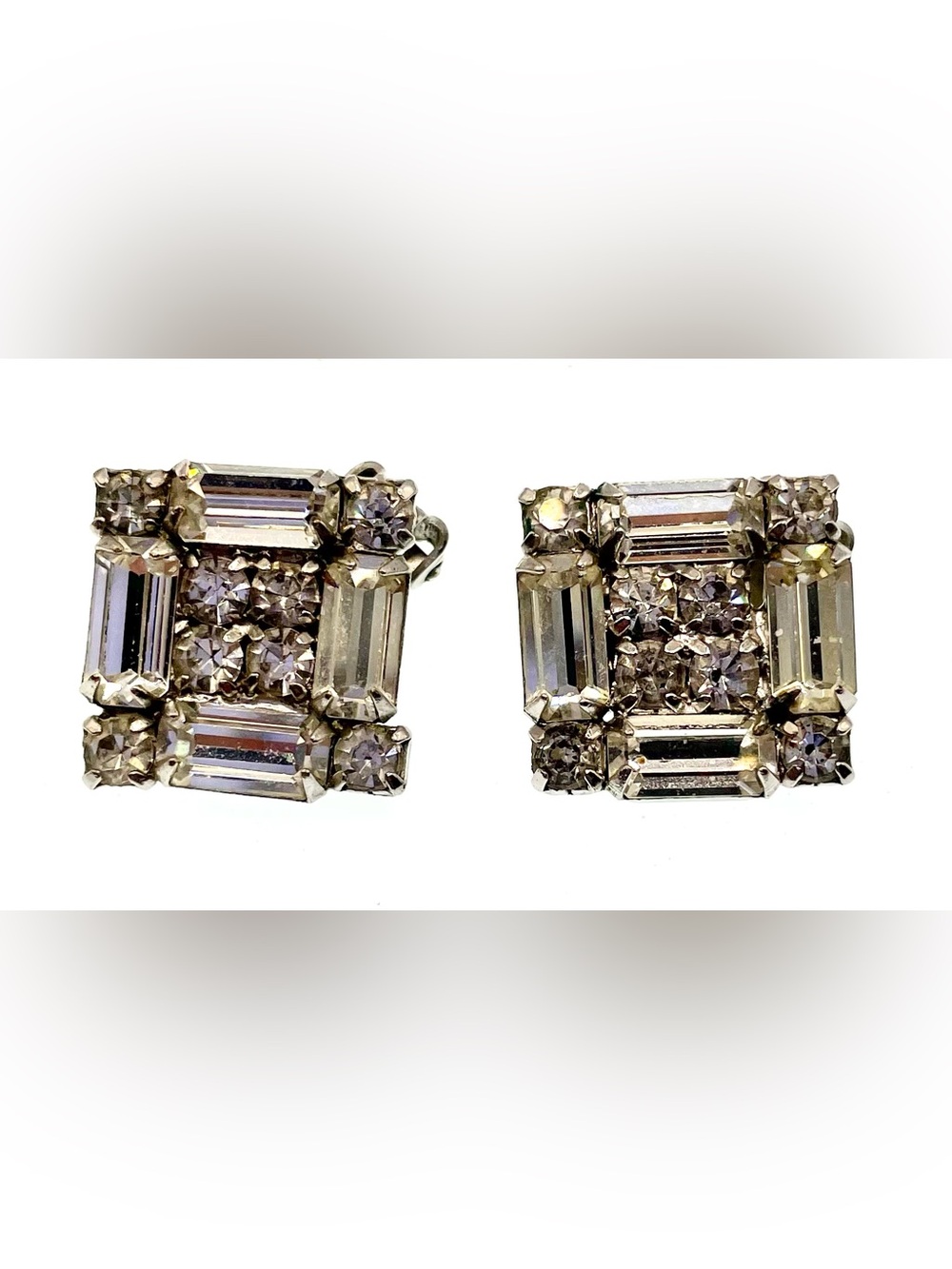 Vintage 1950s Rhinestone Clip On Earrings Emerald Cut Square Art Deco SilverTone